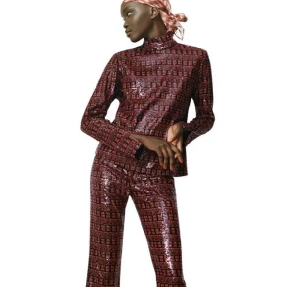 ZARA High Collar Long Sleeve Sequin Top in Medium - Picture 3 of 5